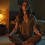 a young woman in her early 30s sitting cross legged on a soft yoga mat in a dimly lit cozy bedroom dmzb7w8mhc0q5q1ithtg 2