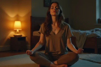 a young woman in her early 30s sitting cross legged on a soft yoga mat in a dimly lit cozy bedroom dmzb7w8mhc0q5q1ithtg 2