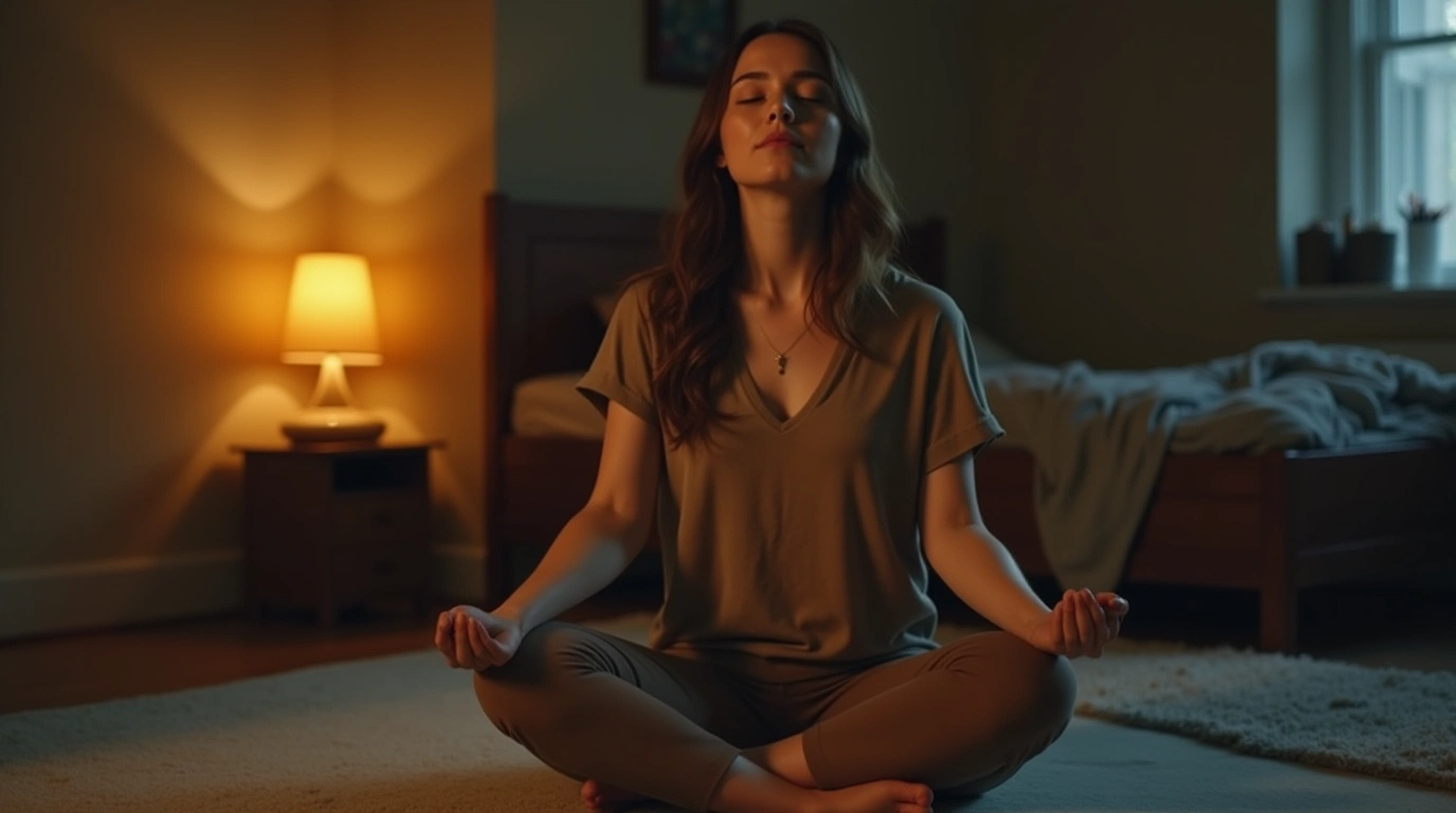 a young woman in her early 30s sitting cross legged on a soft yoga mat in a dimly lit cozy bedroom dmzb7w8mhc0q5q1ithtg 2