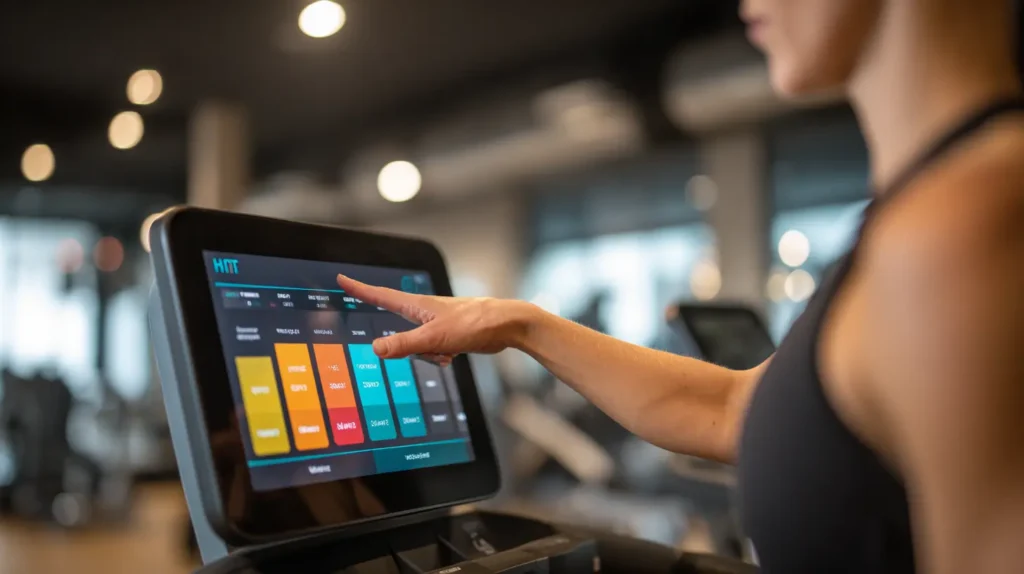 Istruttore che illustra il protocollo degli allenamenti hiit salute cardiometabolica su tablet in palestra