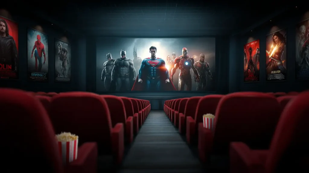 Pubblico al cinema durante la proiezione di un film supereroi Marvel DC, parte dell'impero culturale.Impero culturale supereroi