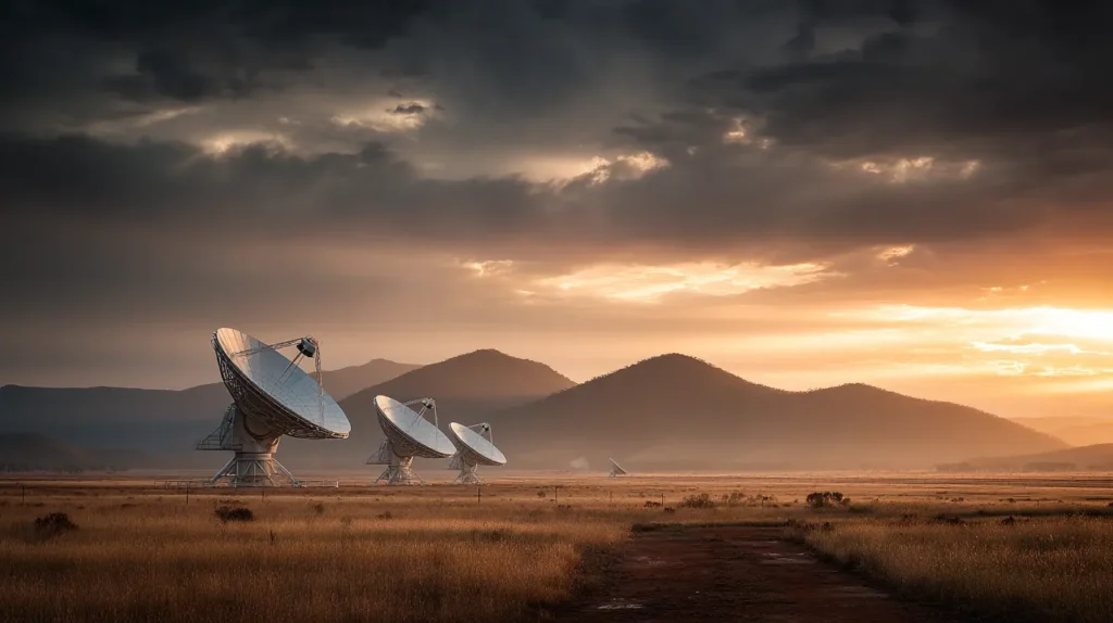 Array di radiotelescopi ASKAP al tramonto, parte della ricerca sulla scoperta nuovo oggetto celeste via lattea.