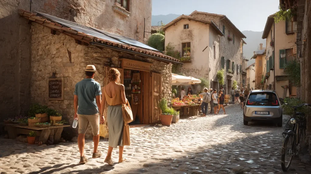 Oggetti per vacanze responsabili, come borraccia e scarponi, per il turismo sostenibile in Italia.