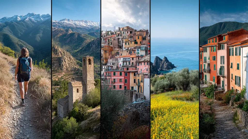 Borgo delle Cinque Terre con treno locale, esempio di destinazioni verdi Italia e turismo sostenibile.