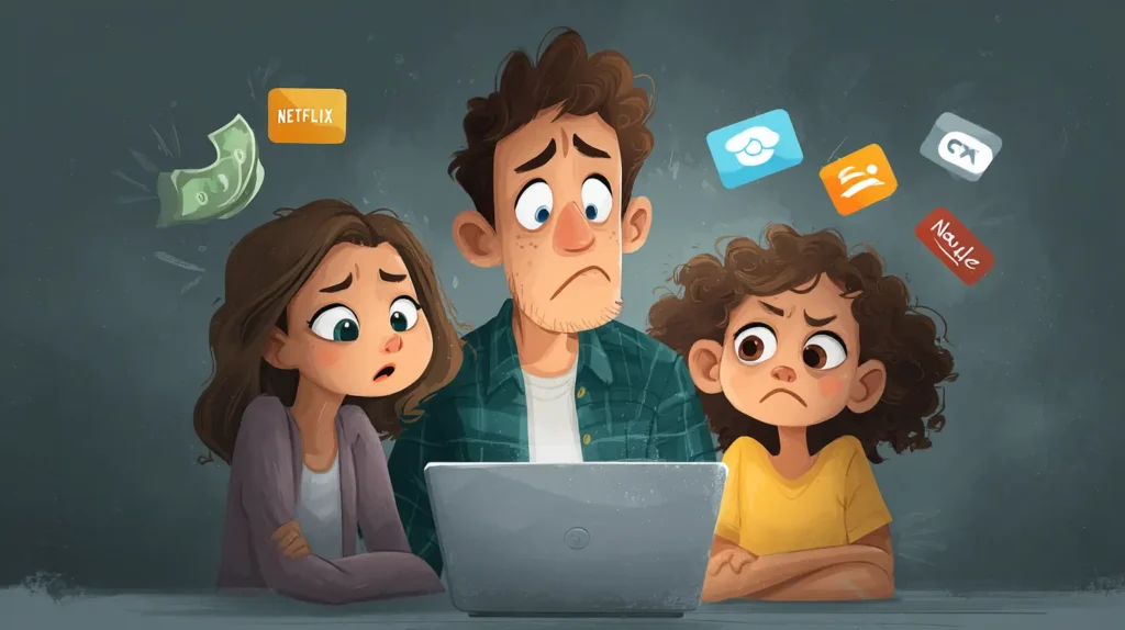 Famiglia che valuta il budget dopo gli aumenti prezzi streaming Italia 2025.