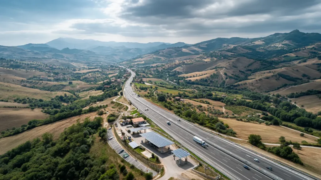 Traffico con auto elettriche su autostrada italiana, focus su auto elettrica senza Ecobonus 2025