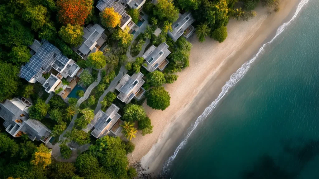 Vista aerea di un resort costiero ecologico alimentato da energia solare che riflette le tendenze di viaggio estive 2025