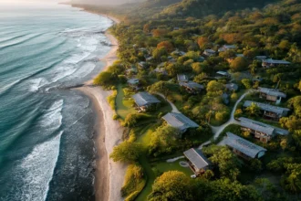 Vista aerea di un resort costiero ecologico alimentato da energia solare che riflette le tendenze di viaggio estive 2025