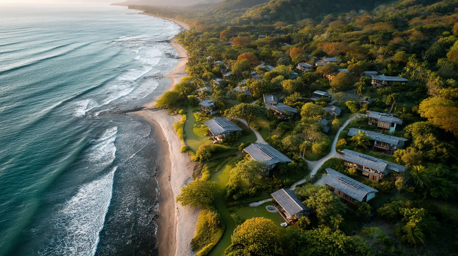 Vista aerea di un resort costiero ecologico alimentato da energia solare che riflette le tendenze di viaggio estive 2025