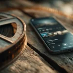 Pellicola vintage e smartphone moderno, simbolo della storia cinema italiano moderno e della sua evoluzione.