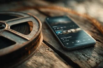 Pellicola vintage e smartphone moderno, simbolo della storia cinema italiano moderno e della sua evoluzione.