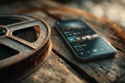 Pellicola vintage e smartphone moderno, simbolo della storia cinema italiano moderno e della sua evoluzione.