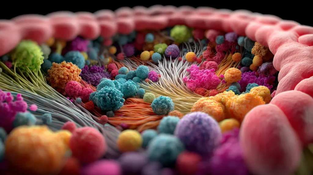 Visualizzazione scientifica del microbiota intestinale durante un juice cleanse per la salute intestinale.