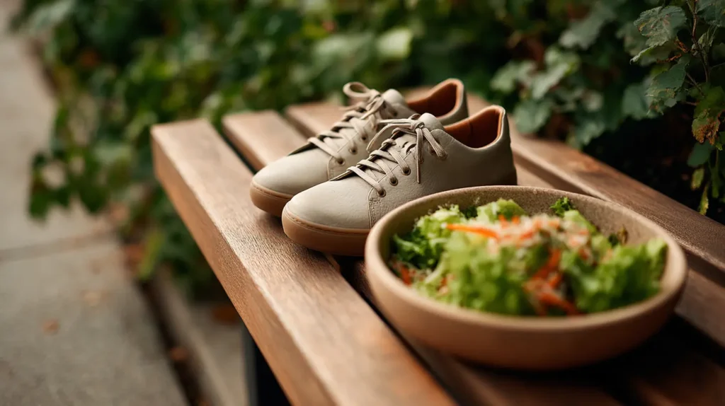 Scarpe da camminata accanto a un piatto leggero, simbolo dei benefici della camminata dopo i pasti per la digestione.