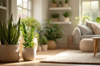 Salotto luminoso con diverse Piante Facili da Curare per Benessere che creano un'atmosfera accogliente.