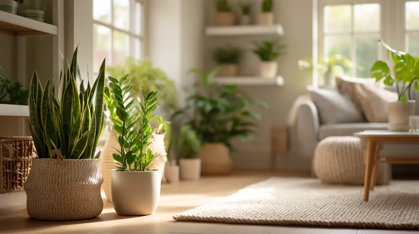 Salotto luminoso con diverse Piante Facili da Curare per Benessere che creano un'atmosfera accogliente.
