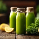 Bottiglie di succo verde freddo e ingredienti freschi che illustrano un juice cleanse per la salute intestinale.