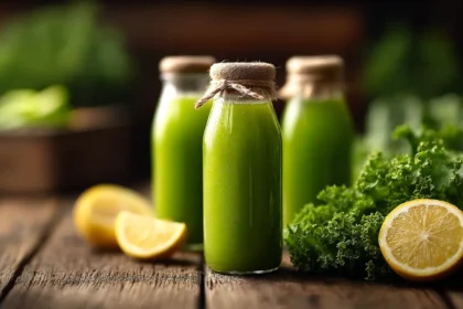 Bottiglie di succo verde freddo e ingredienti freschi che illustrano un juice cleanse per la salute intestinale.