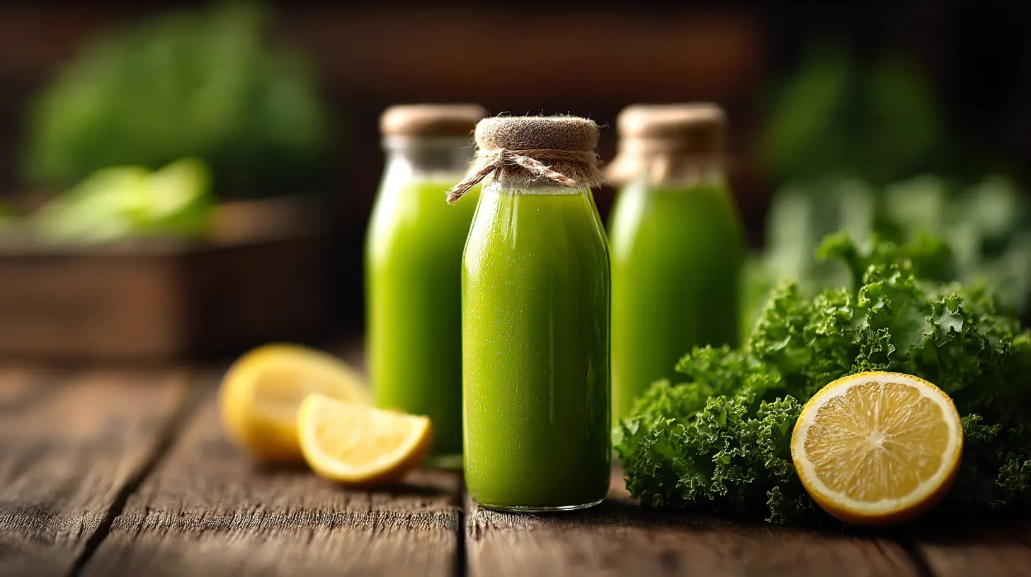 Bottiglie di succo verde freddo e ingredienti freschi che illustrano un juice cleanse per la salute intestinale.