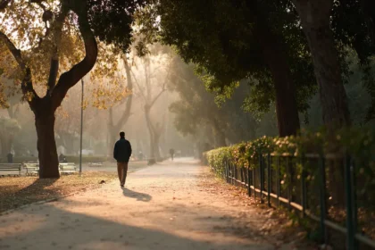 Persona che esegue la camminata dopo i pasti per la digestione in un parco soleggiato.