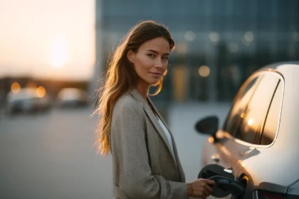 Donna collega SUV elettrico aziendale, auto elettrica senza Ecobonus 2025