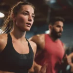 Persona che esegue allenamenti hiit salute cardiometabolica sprintando su pista all’alba