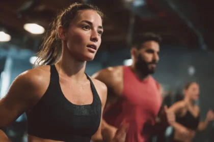 Persona che esegue allenamenti hiit salute cardiometabolica sprintando su pista all’alba