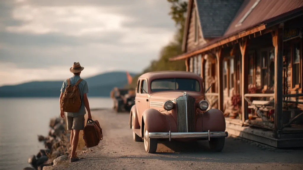 Scena di un viaggiatore che scarica bagagli da un’auto d’epoca accanto a una baita sul lago, tipica delle tendenze di viaggio estive 2025