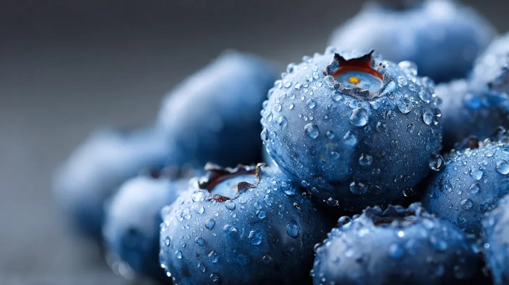 Mirtilli benefici cervello cuore freschi con gocce d’acqua macro fotografia