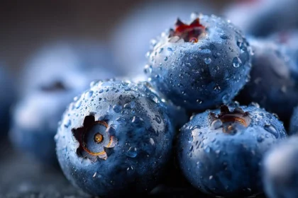 Mirtilli benefici cervello cuore freschi con gocce d’acqua macro fotografia