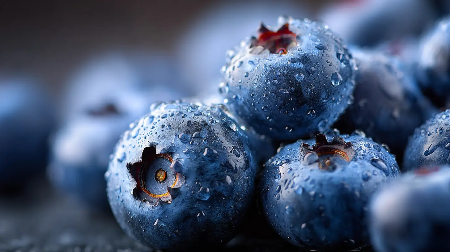 Mirtilli benefici cervello cuore freschi con gocce d’acqua macro fotografia