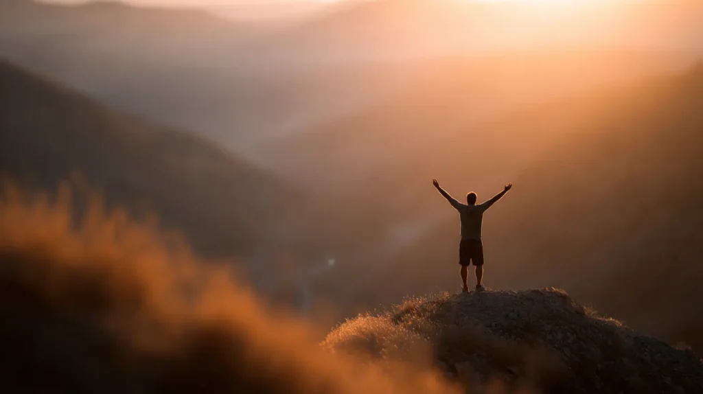 Una persona che si prepara a incrementare motivazione con positività guardando l'alba.