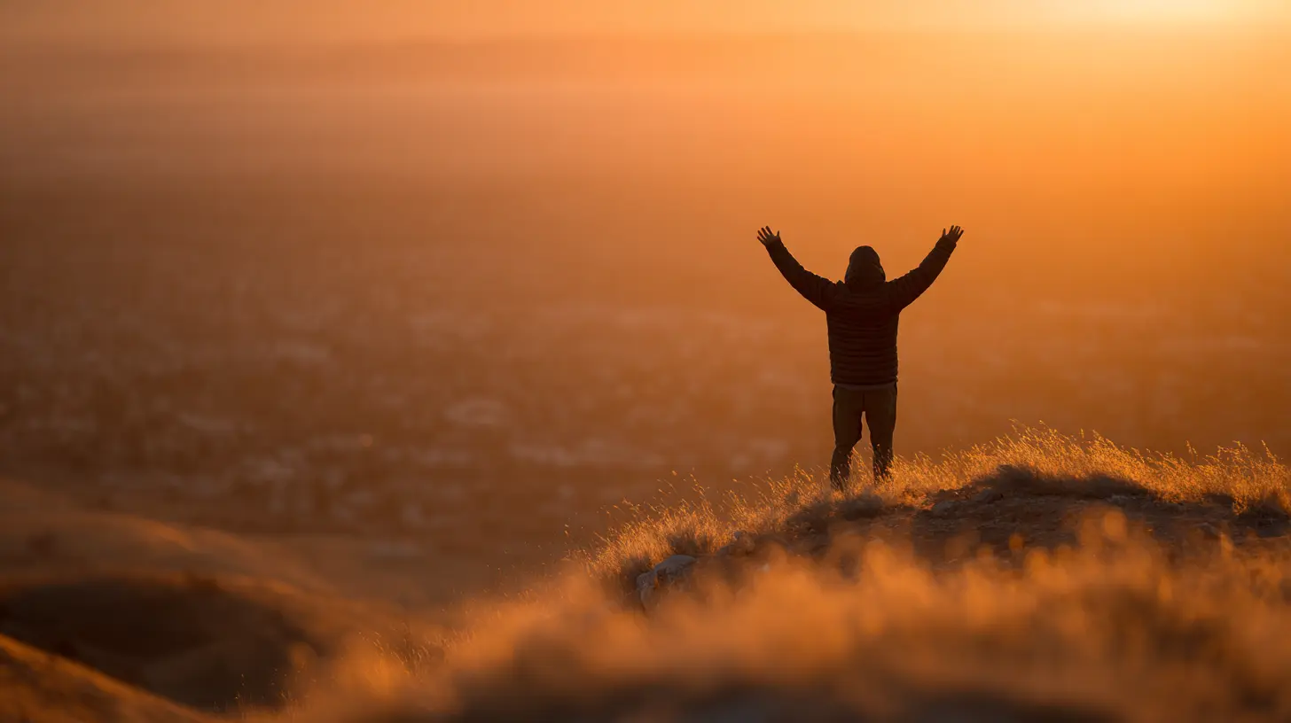 Una persona che si prepara a incrementare motivazione con positività guardando l'alba.