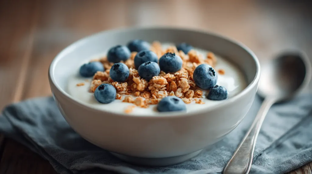 Colazione salutare con mirtilli benefici cervello cuore yogurt e cereali