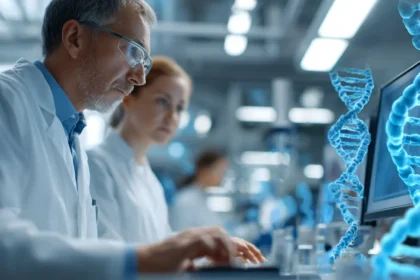 Ricercatori che studiano la molecola della longevità in laboratorio avanzato