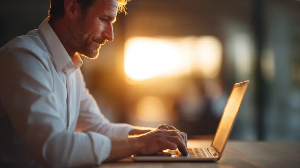 Uomini felici che trovano equilibrio tra lavoro e vita privata chiudendo la giornata lavorativa