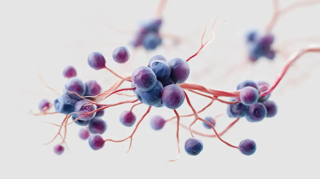 Cuore e cervello collegati da particelle mirtilli benefici cervello cuore concetto salute